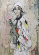 French School, lithograph, Harlequin holding a rose, indistinctly signed and numbered 120/150, 56
