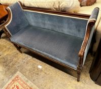 A late 19th century French upholstered carved beech settee, length 120cm, width 47cm, height 79cm