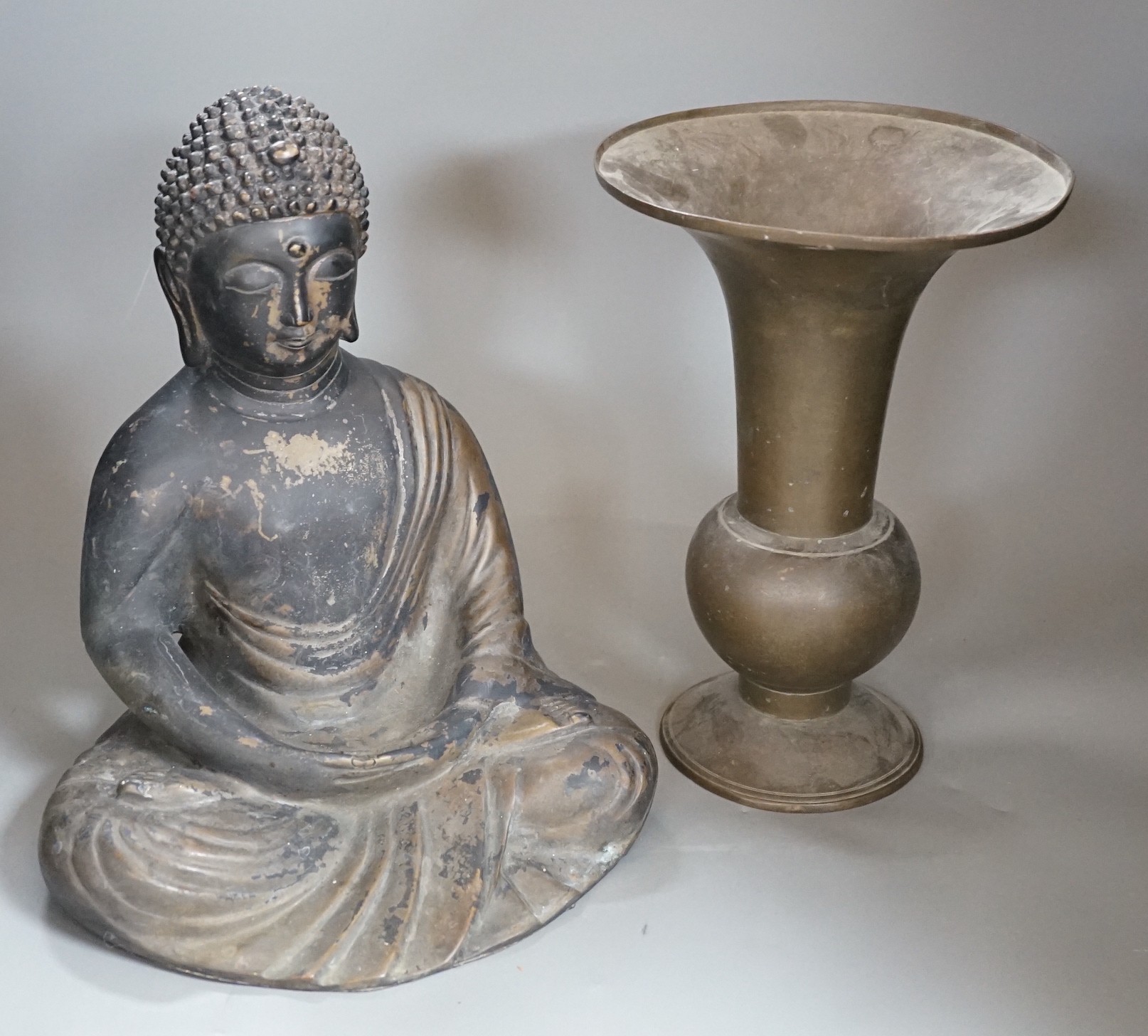 A Chinese bronze seated Buddha and a similar gu vase, tallest 30cm - Image 2 of 3