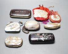 A collection of six mother of pearl souvenir purses, possibly from a grand tour and a papier-mâché