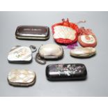 A collection of six mother of pearl souvenir purses, possibly from a grand tour and a papier-mâché