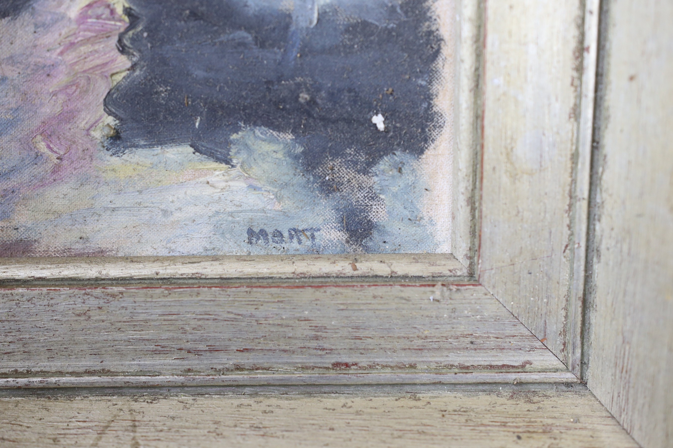 Marjorie Mort (1906-1988), oil on board, 'In Harbour', signed and inscribed verso, 24 x 35cm - Image 3 of 4