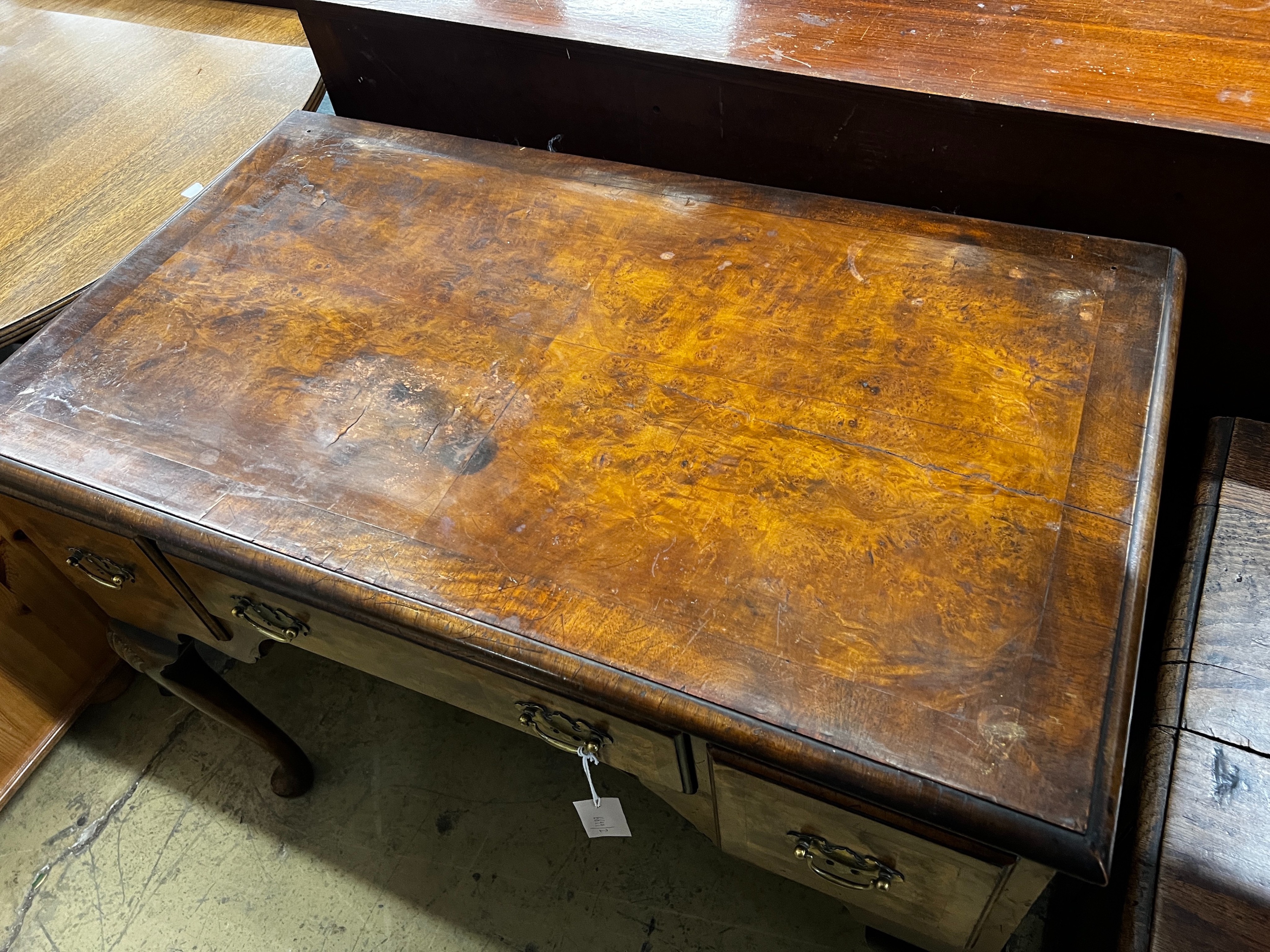 A Queen Anne revival walnut kneehole table, length 92cm, depth 53cm, height 76cm - Image 2 of 3