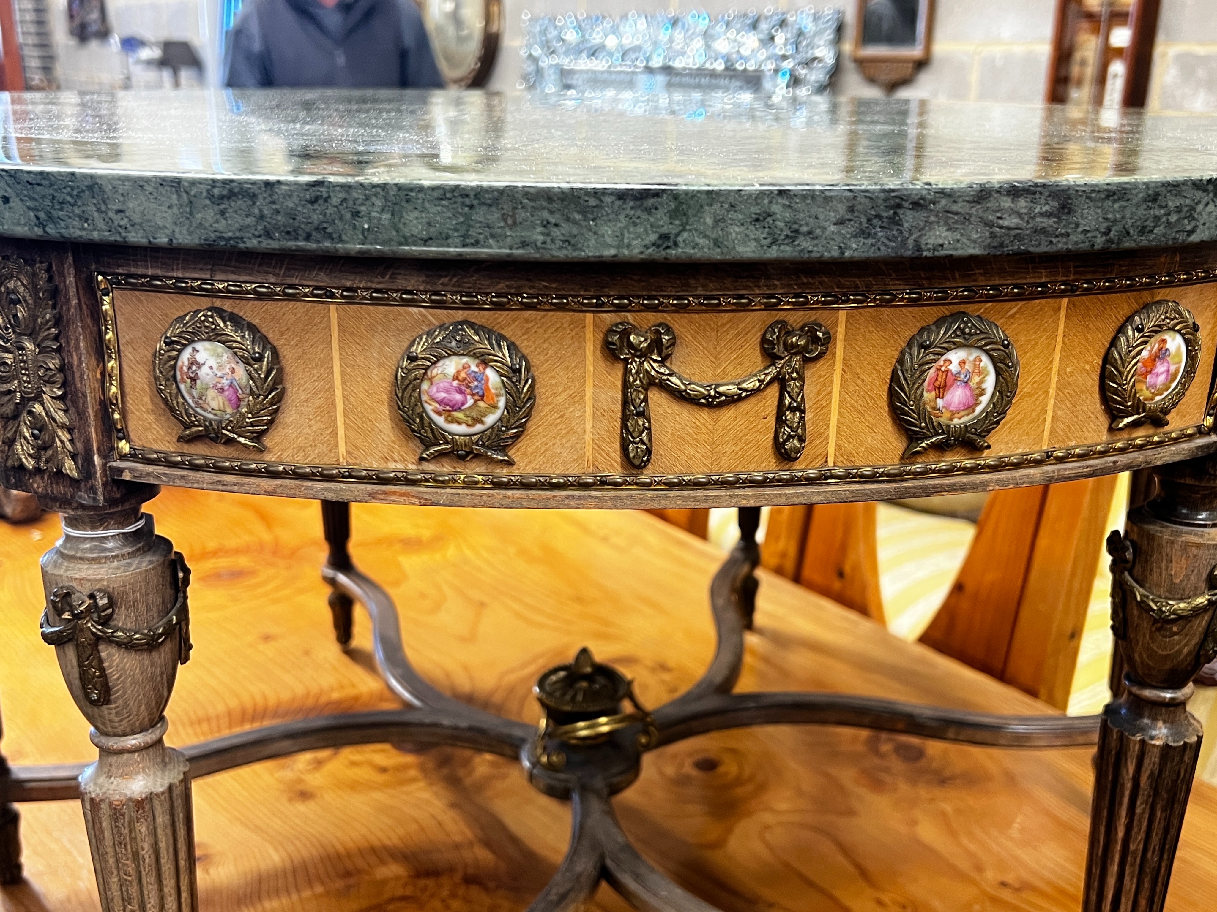 A Louis XVI design circular gilt metal and porcelain mounted marble top coffee table, diameter 84cm, - Image 3 of 5