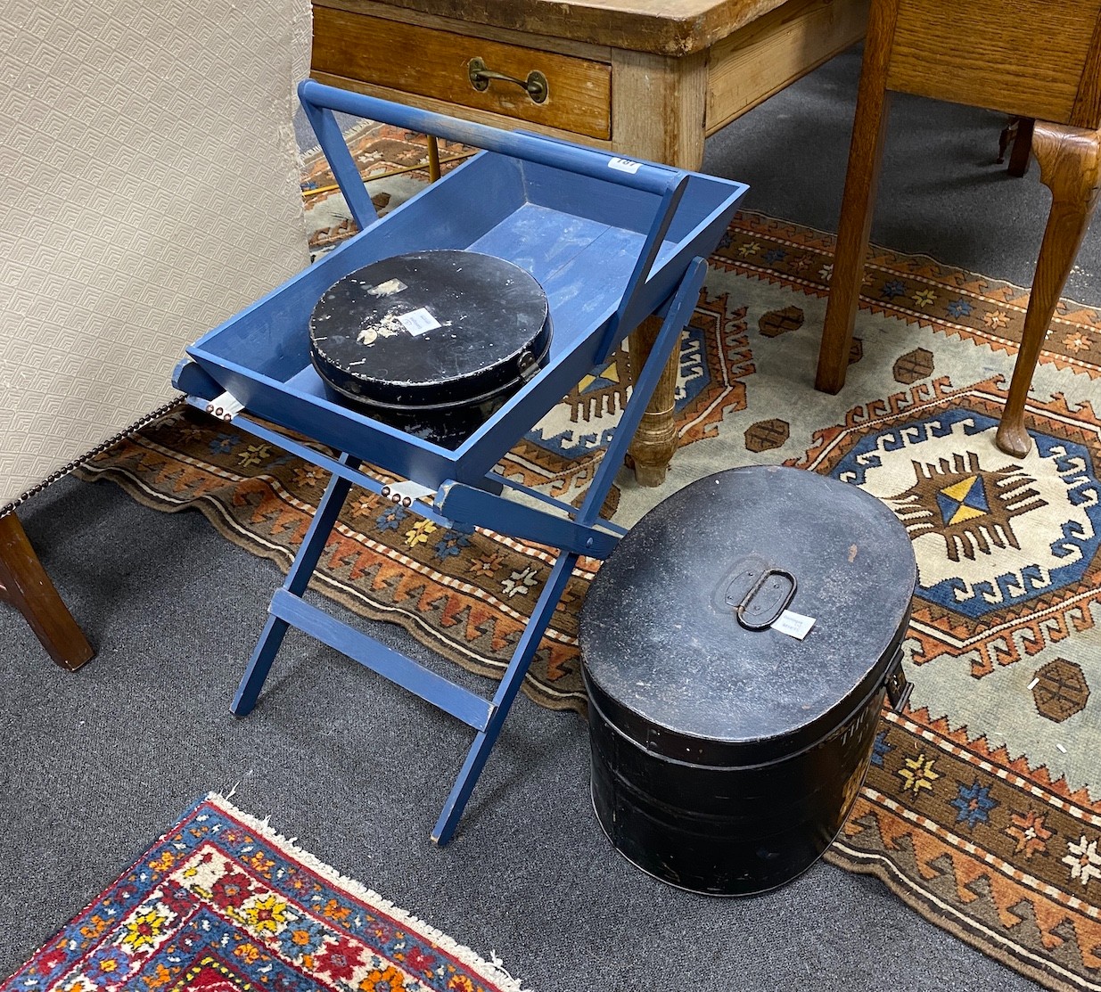 Two Victorian hat/collar boxes and blue painted tray top table on stand