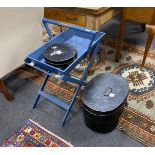 Two Victorian hat/collar boxes and blue painted tray top table on stand