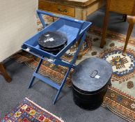 Two Victorian hat/collar boxes and blue painted tray top table on stand