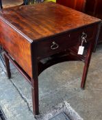 A George III mahogany drop flap Pembroke table with concave undertier, width 60cm, height 72cm