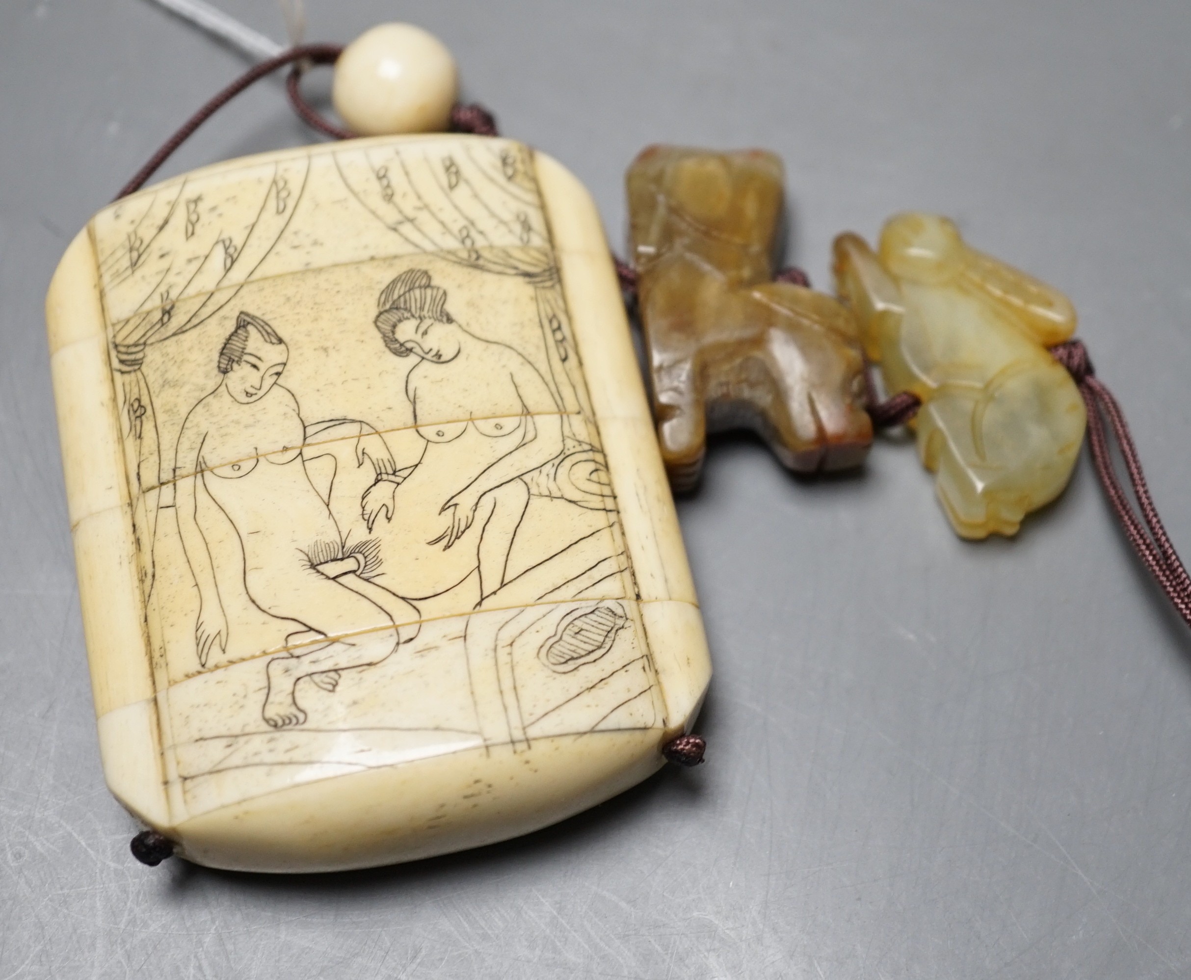 A bone inro with a marine engraving and inscription to one side, and an erotic scene to the reverse, - Image 5 of 8