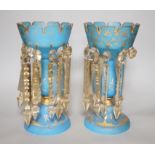 A pair of 19th century turquoise glass table lustres, 27.5cm