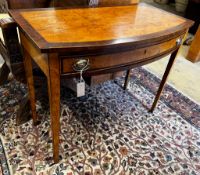 A George III rosewood banded bird's eye maple bowfront side table, width 91cm, depth 49cm, height