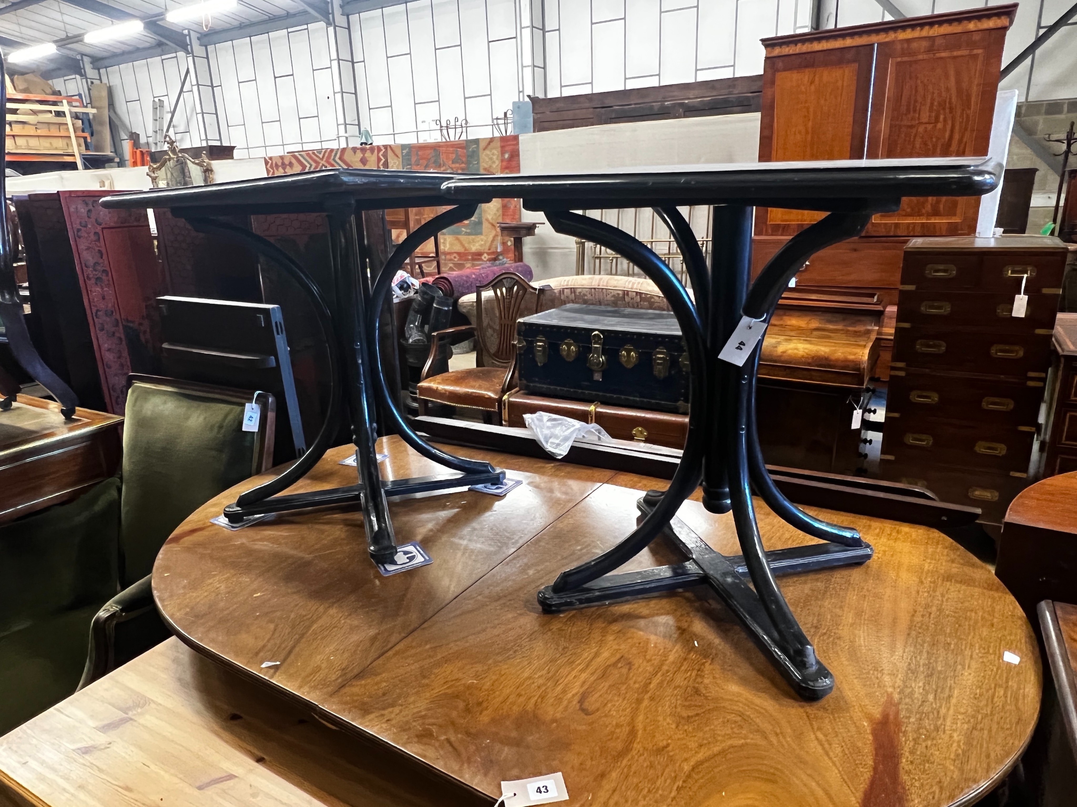 A pair of early 20th century ebonised bentwood square occasional tables, 60cm, height 66cm - Image 2 of 3