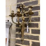 A gilt metal three branch wall light (converted), height 53cm