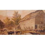 Robert Hills (1764-1844), Farmyard scene with two boys milking, watercolour, signed and dated