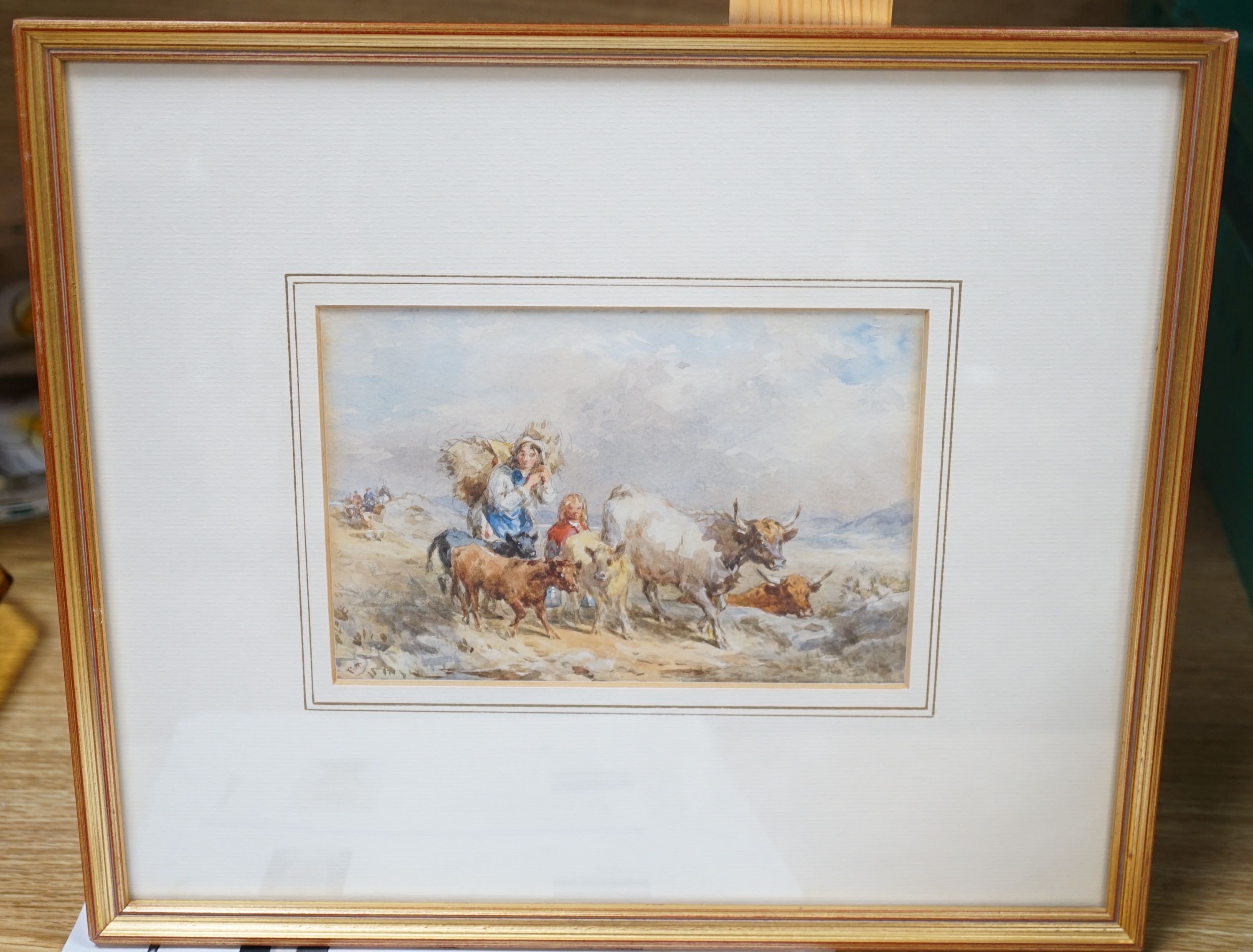 John Frederick Taylor (1802-1889), Milkmaid with cows on a country road, watercolour, signed - Image 3 of 3