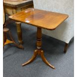 A Regency mahogany rectangular tripod tea table, width 59cm, depth 43cm, height 71cm