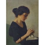 Salomon van Abbé (Dutch 1883-1955), oil on canvas, Portrait of a woman knitting, inscribed verso, 59