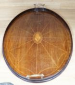 A Sheraton revival mahogany and marquetry tray, 69cm handle to handle