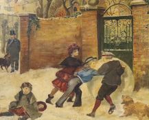 Early 20th century English School, oil on panel, Children building a snowman, 32 x 39cm