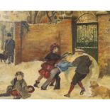 Early 20th century English School, oil on panel, Children building a snowman, 32 x 39cm