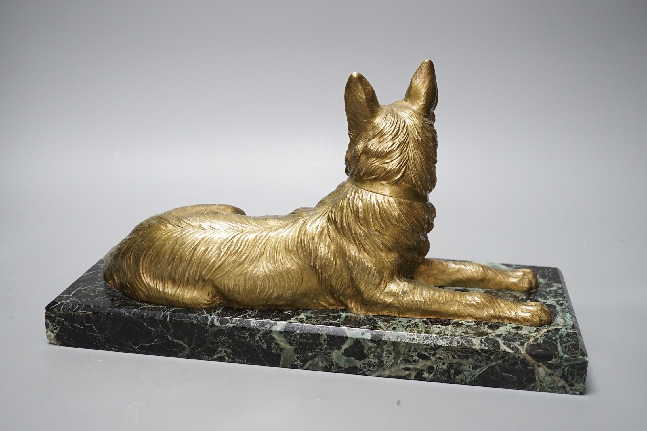 After D H Chiparus, a gilt metal figure of a German Shepherd dog, on marble base,36 cms wide, - Image 3 of 4