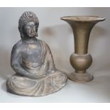 A Chinese bronze seated Buddha and a similar gu vase, tallest 30cm