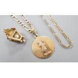 A modern 9ct gold chain with lantern pendant and a 9ct chain with 9ct circular pendant, gross 16.9