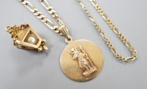 A modern 9ct gold chain with lantern pendant and a 9ct chain with 9ct circular pendant, gross 16.9