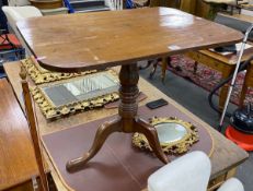 An early Victorian rectangular yew and mahogany tilt top tea table, width 91cm, depth 65cm, height