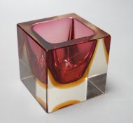 A Murano red, amber and clear cased glass cube vase, 9.5cm tall
