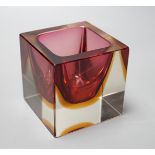 A Murano red, amber and clear cased glass cube vase, 9.5cm tall