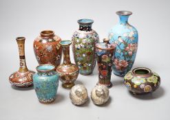 An assortment Japanese cloisonné enamel and metal wares, largest vase 18.5cm high