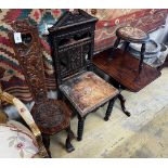 A Victorian oak hall chair table, spinning chair, a pokerwork stool and a wine table