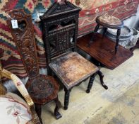 A Victorian oak hall chair table, spinning chair, a pokerwork stool and a wine table