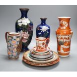 A mixed group of Japanese cloisonné enamel vases and porcelain vases and plates