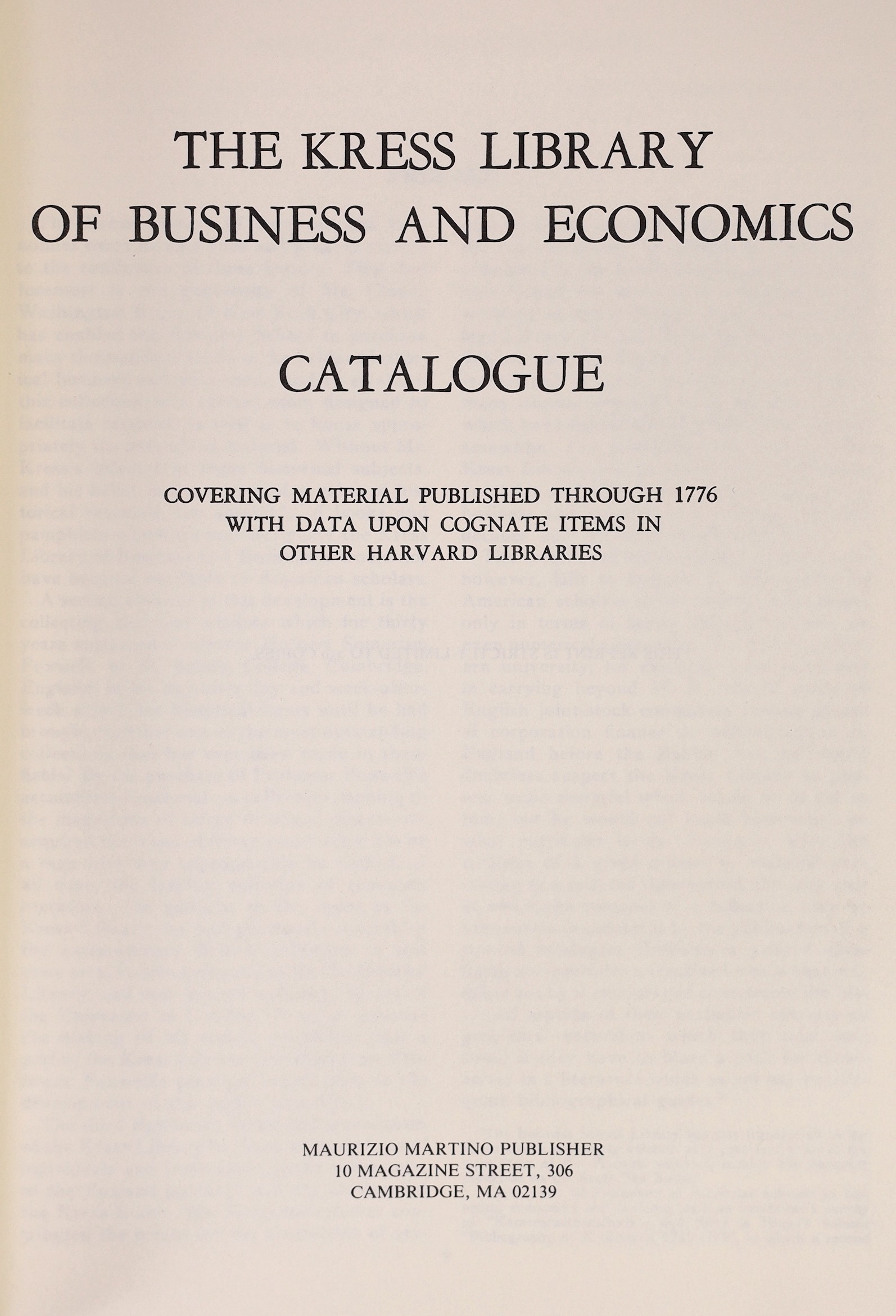 ° ° The Kress Library of Business and Economics, Catalogue. 4 vols. publisher's gilt lettered cloth, - Image 2 of 5