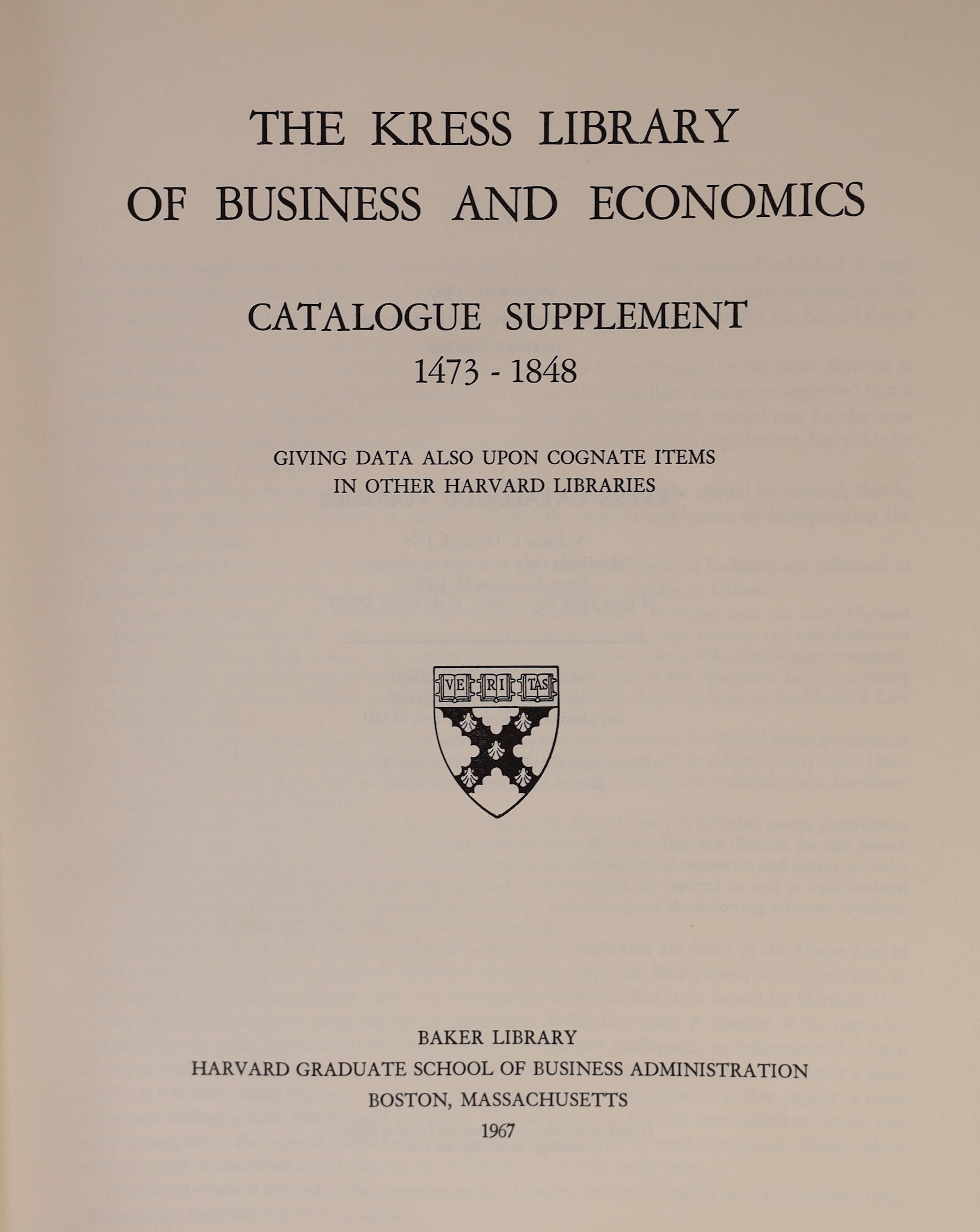 ° ° The Kress Library of Business and Economics, Catalogue. 4 vols. publisher's gilt lettered cloth, - Image 5 of 5