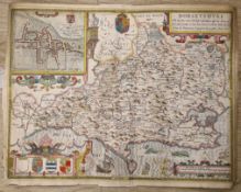 John Speed, (1552-1629) Dorsetshyre, hand coloured map, with the Shire-towne Dorchester described,