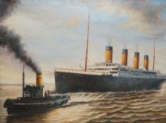 English School, oil on canvas, 'The Titanic leaving harbour', bears initials CP and date 1913, 74
