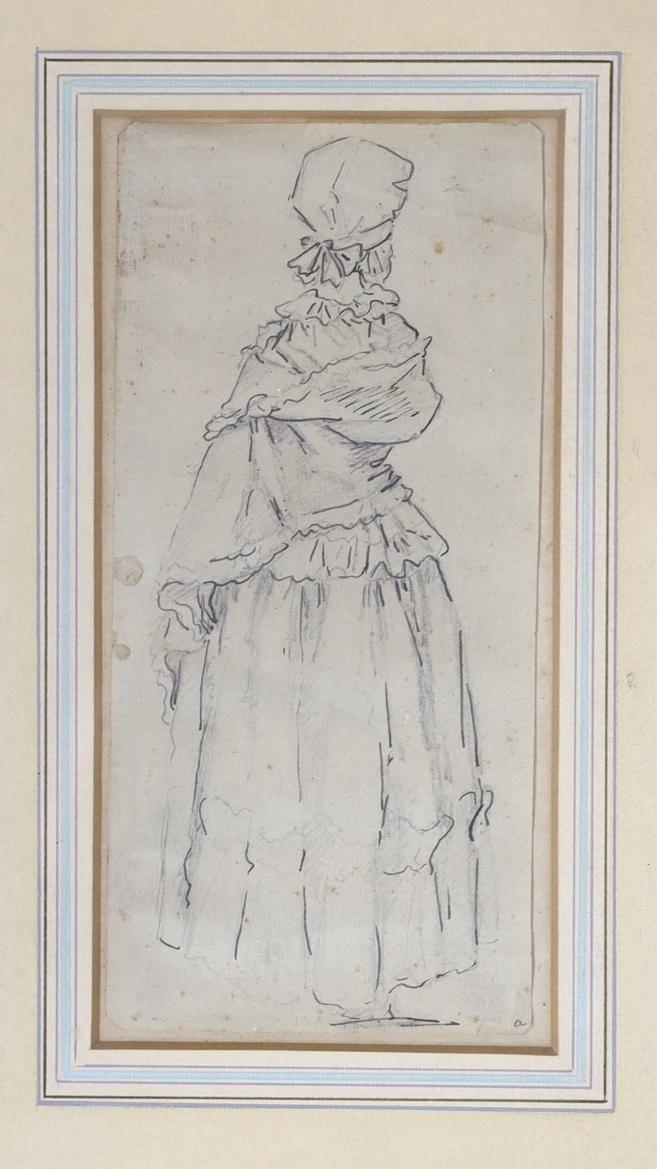 18th century English School, pen and ink, Sketch from Life of a woman's costume, 20 x 9.5cm