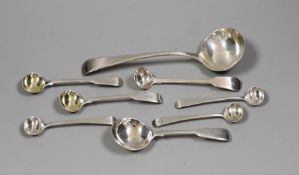 A composite set of six George III Old English pattern and fiddle pattern spoons for condiments, a