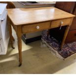 A late Victorian pine two drawer side table, width 92cm, height 74cm