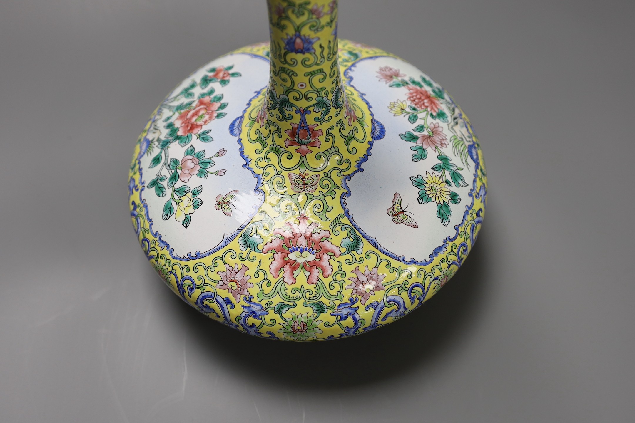 A Chinese Canton enamel yellow ground vase, 25cm - Image 3 of 5