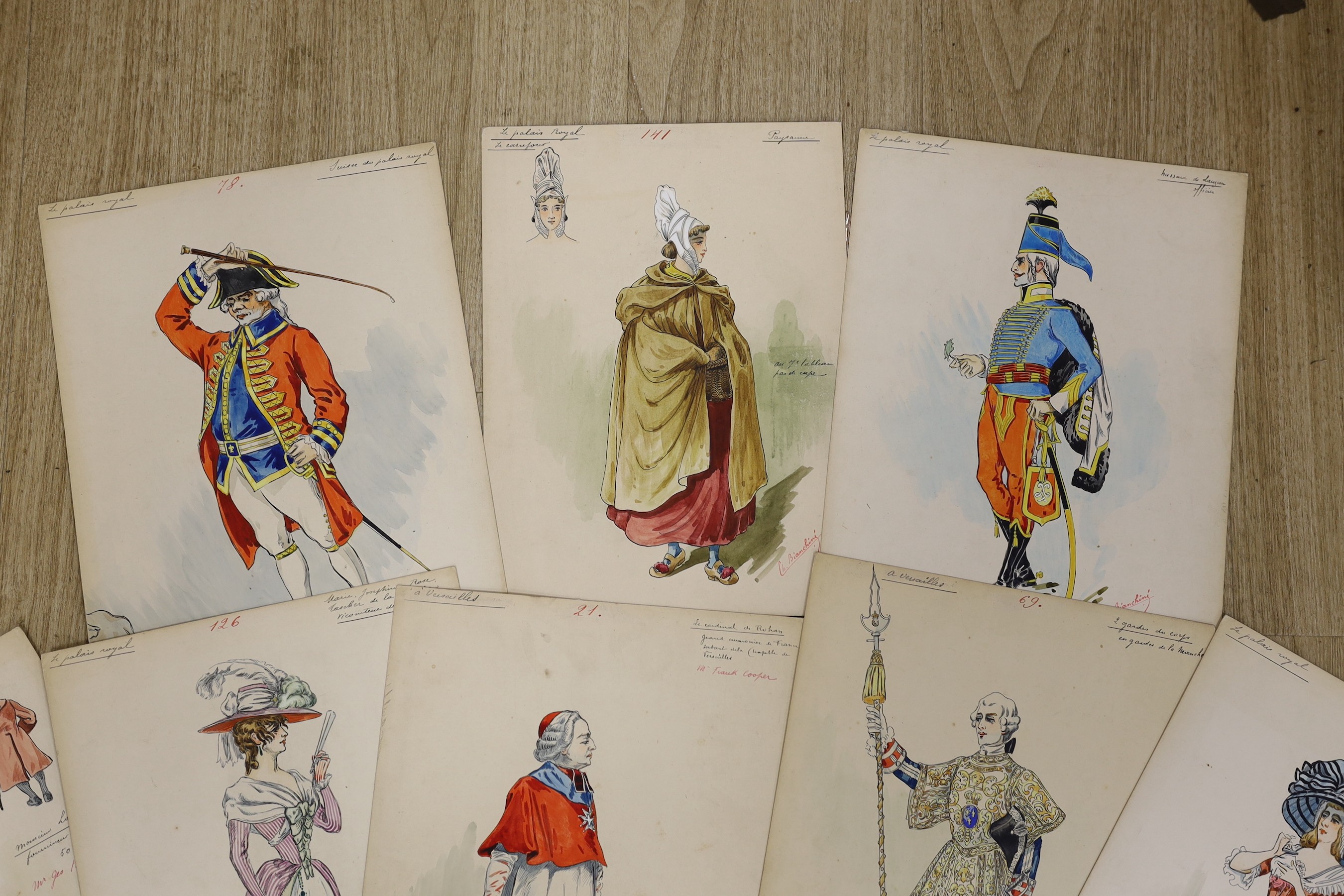 Charles Bianchini (1860-1905), eight ink and watercolour costume designs for The Royal Necklace, - Image 3 of 4