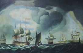 After Paul Maitland, oil on canvas, 18th century shipping scene, bears signature, 60 x 90cm.