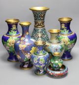 Seven Chinese cloisonné enamel vases and a bowl,tallest 39 cms high,