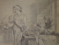 After Greuze, ink and monochrome watercolour, Maid with beggar woman at window, signed, a town scene