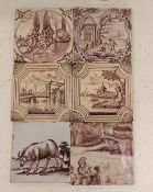 Six Delft manganese tiles, 18th century, each decorated with figures or animals in landscapes,
