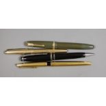 A Montblanc ballpoint pen, a Parker Duofold fountain pen, a C F Waterman and another rolled gold