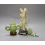 A soapstone figure, a nephrite censer and two hardstone carvings tallest 25cm